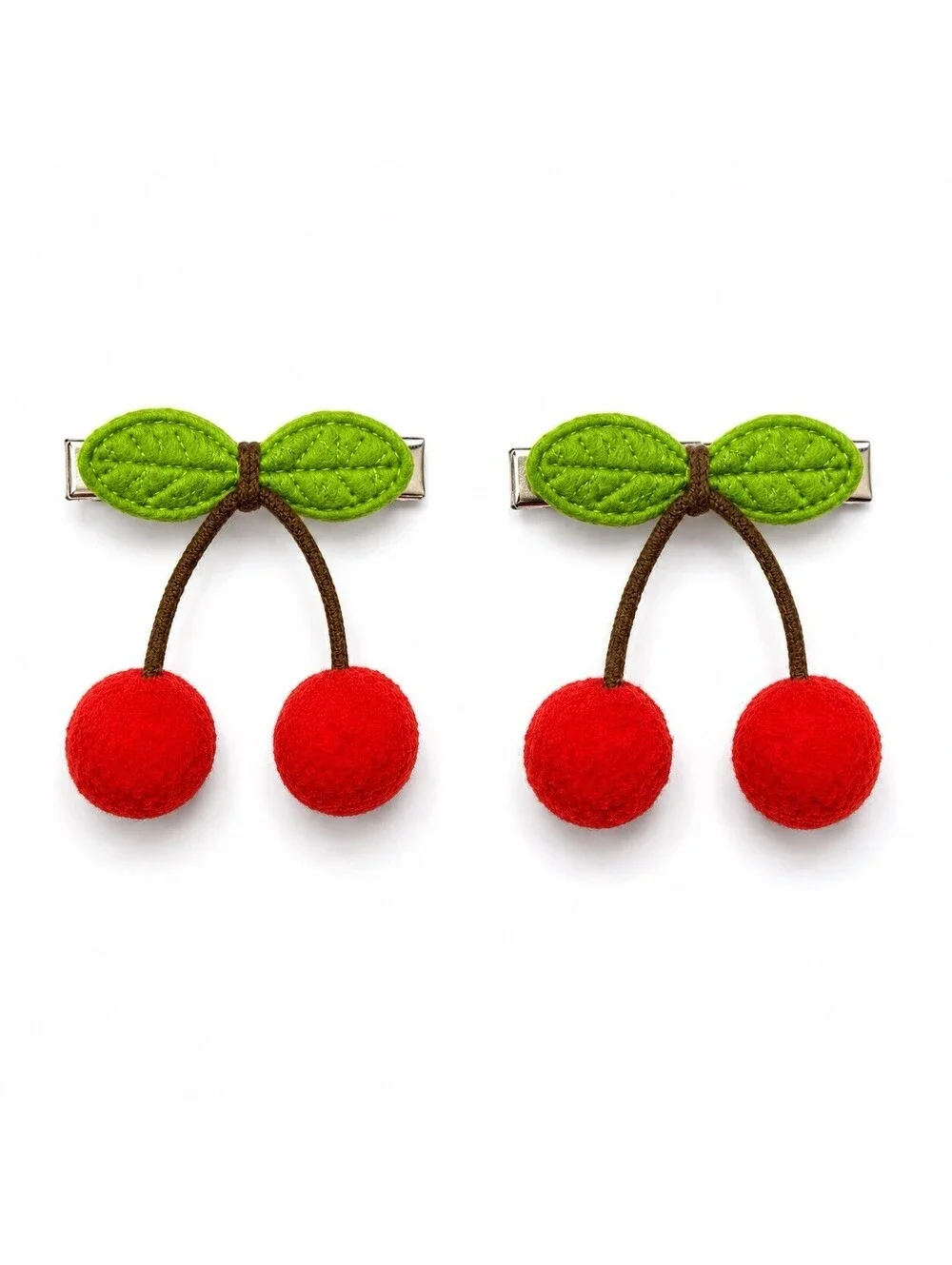Handmade Cherry Hair Clips Red Pom Pom Green Leaf Kawaii Retro Rockabilly Pair